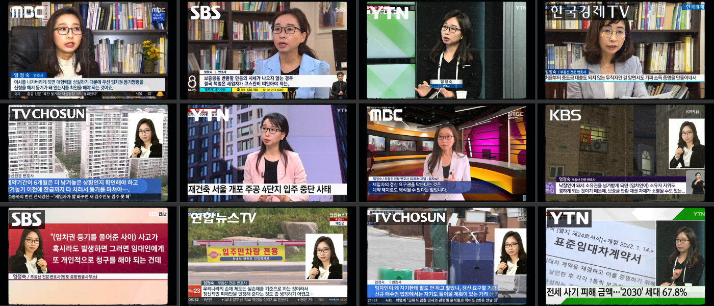MBC, SBS, YTN, KBS, TV조선, 연합뉴스TV, 한국경제TV 방송에서 법률을 해설하는 엄정숙 변호사